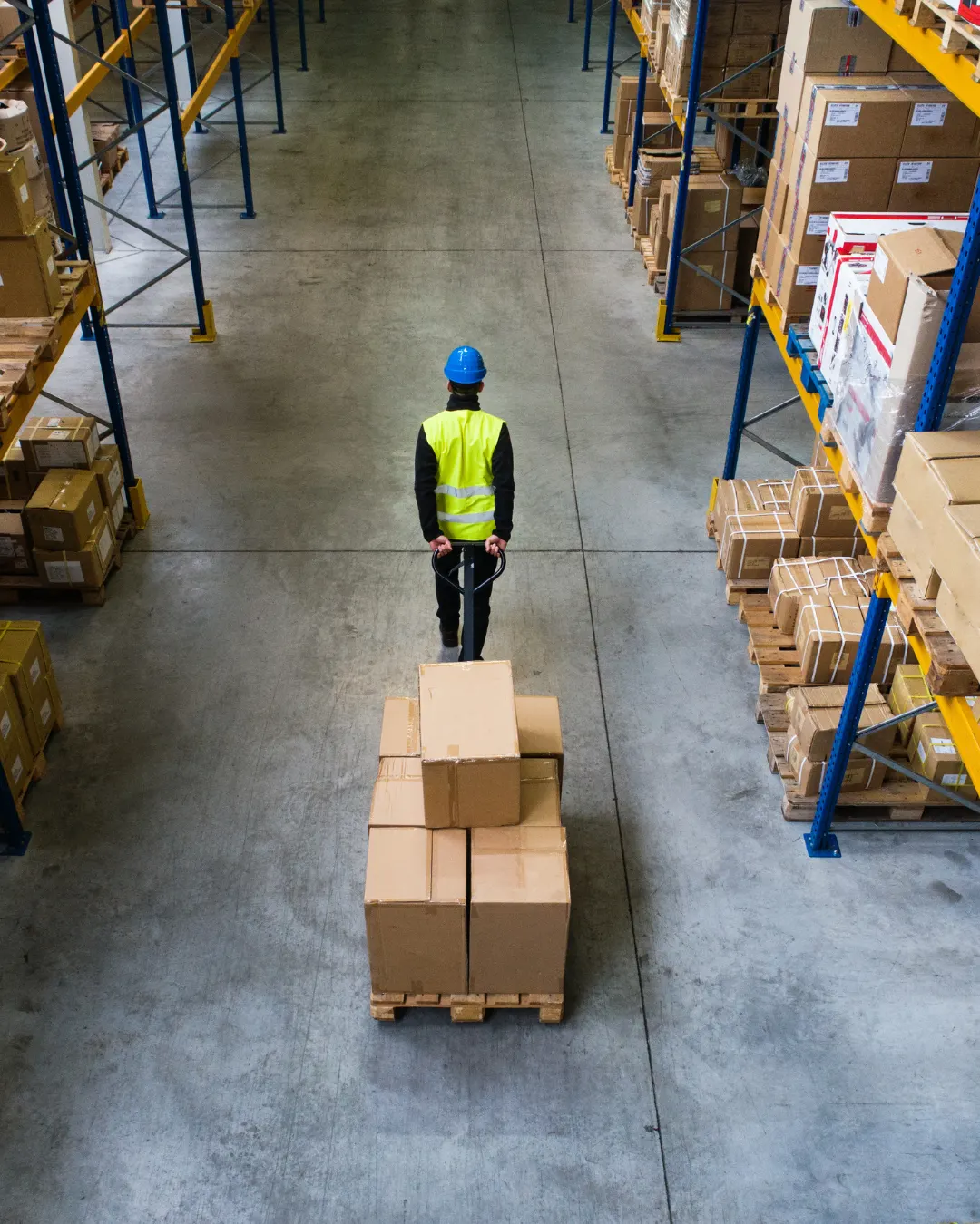 Medewerker met palletwagen in een groot magazijn